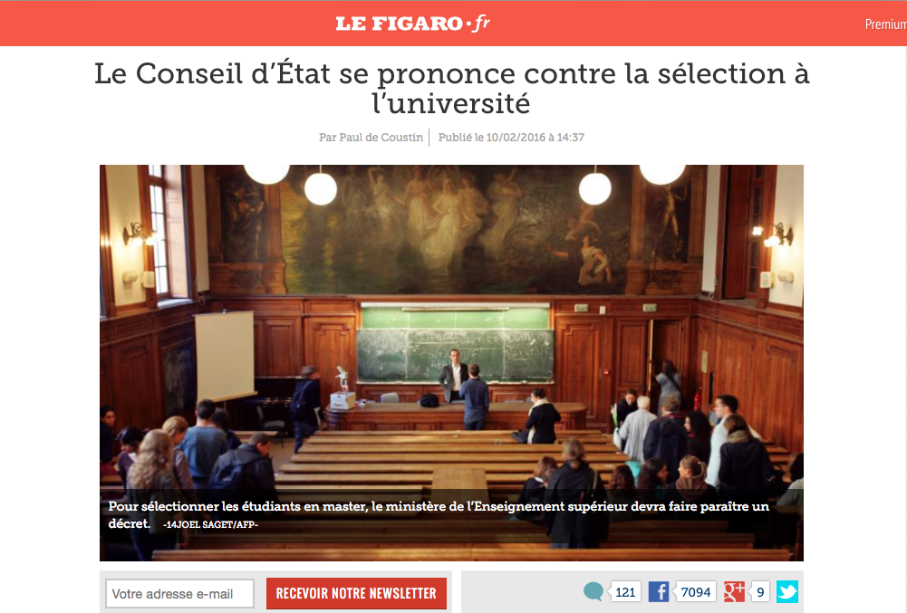 Article Le FIGARO : Le Conseil d’État se prononce contre la sélection à l’université