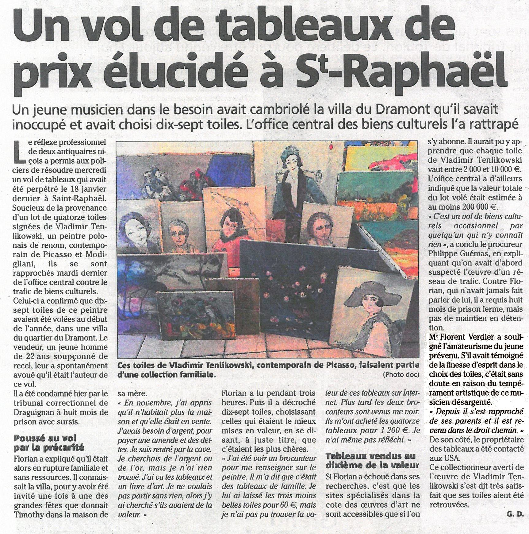 Var Matin : Un vol de tableaux de prix élucidé à Saint-Raphaël